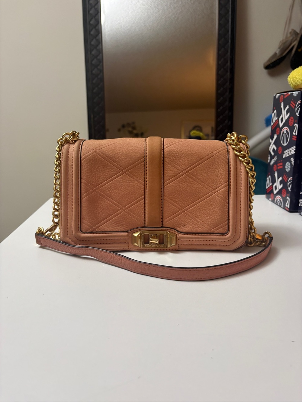 Rebecca Minkoff Quilted Crossbody Bag in Peachy Pink with Gold Hardware
